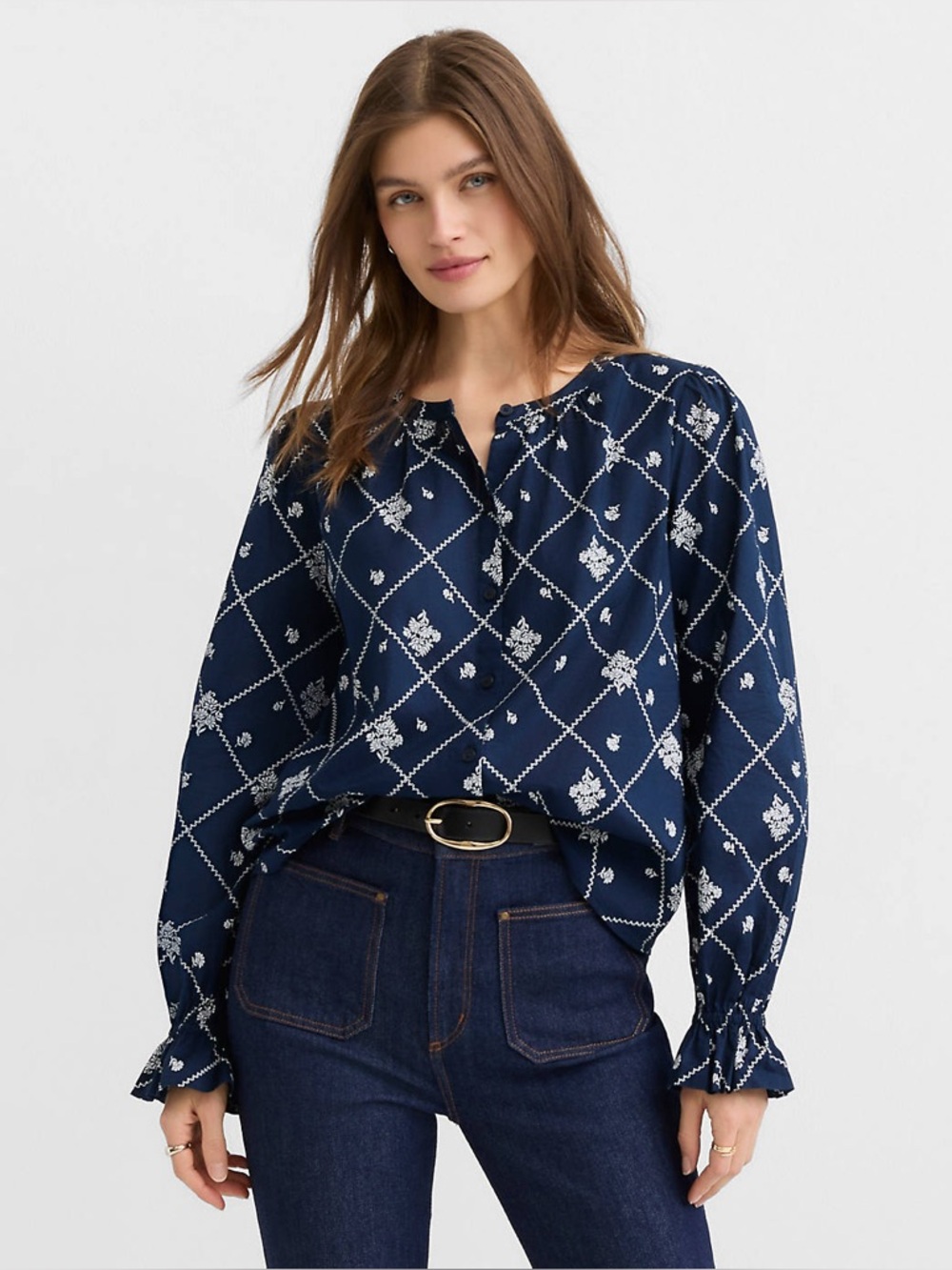 LOFT Navy Bouquet Ruffle Cuff Blouse